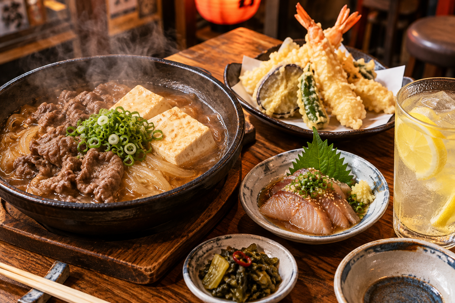 肉豆腐・天ぷら・レモンサワーの食卓